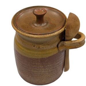 Signed Studio Pottery Lidded Honey Jar With Wooden Spoon. 5" Tall. 4" Diameter